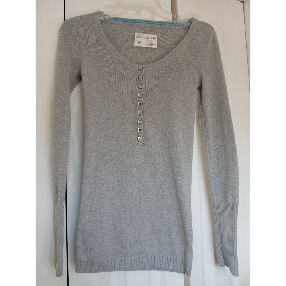 Y2K 2000s Aeropostale Grey Fitted Knit‎ Long Sleeve Sweater Size Small
